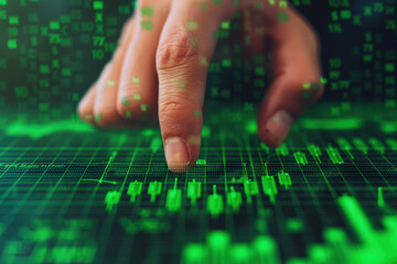 Close-up of hand interacting with digital stock market graph on touchscreen. Concept of finance, investment, and technology.