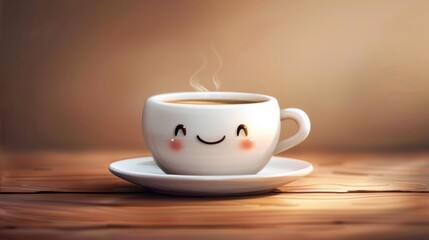 A cute, smiling coffee cup sits on a wooden table, emitting steam against a blurred background. Perfect for cozy, warm, and cheerful themes.