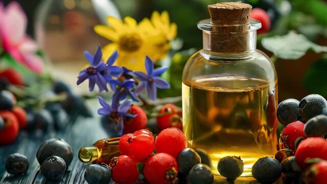 Rosehip seed oil, evening primrose oil, borage oil, anti-aging ingredients, still life, skin care conceptual