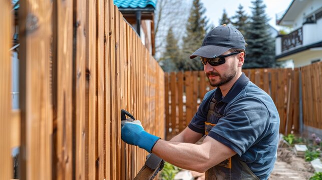 A skilled worker installing wooden fence panels in a sunny backyard. Focused and wearing safety gear while working.