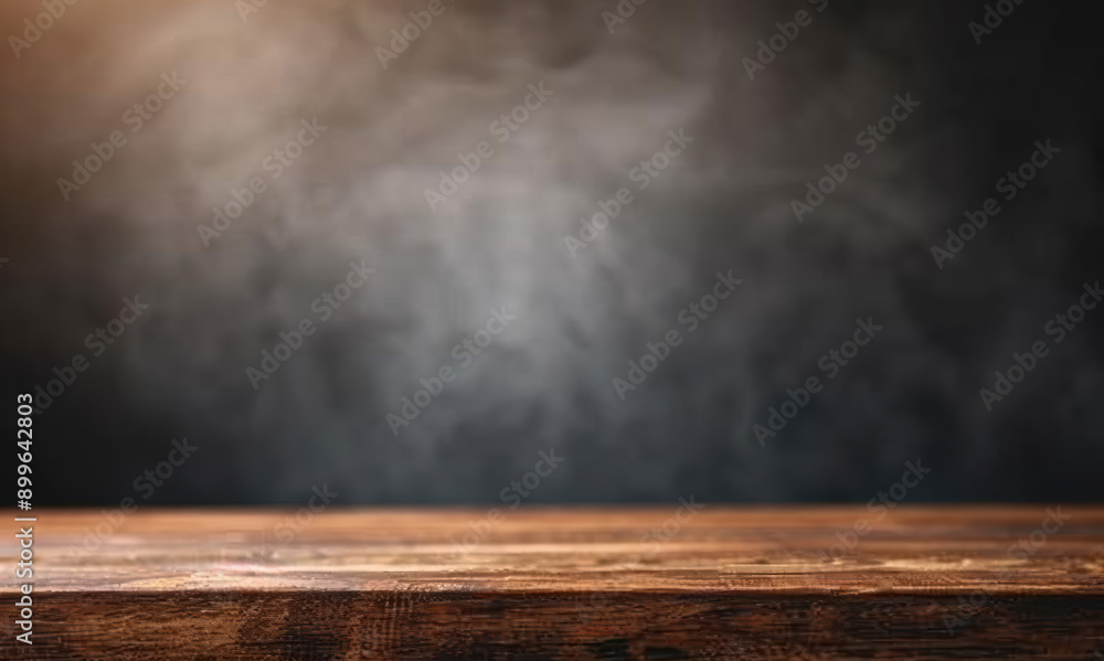 Poster moody scene with empty dark wooden table against a smoky background, perfect for product display or 