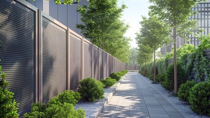 Obraz premium A tranquil urban pathway surrounded by lush greenery and modern architecture, inviting peaceful strolls and exploration.