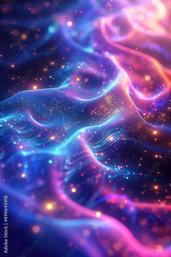 Poster abstract vibrant waves of light in neon colors, creating a futuristic and magical background with sp