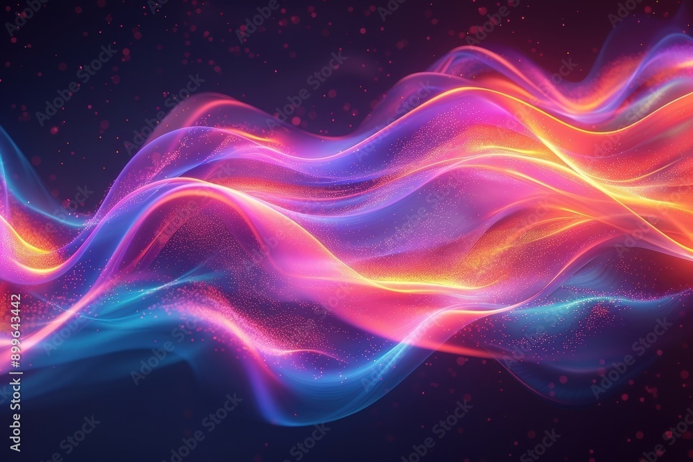 Poster vibrant abstract waves of color, swirling elegantly against a dark background, creating a mesmerizin