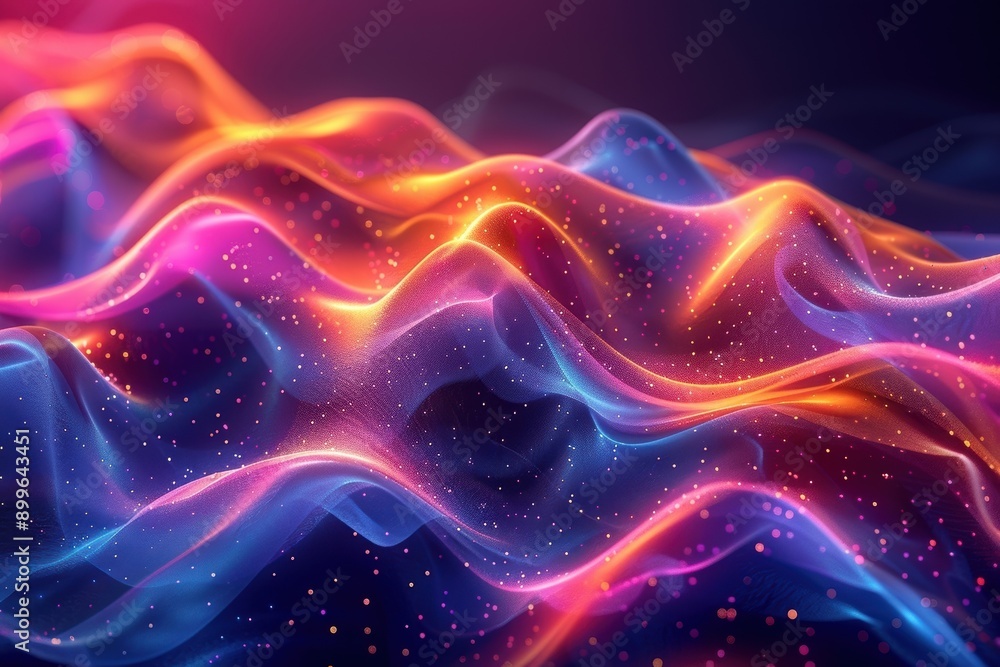 Poster vibrant waves of colorful light creating a mesmerizing abstract design with bright particles floatin