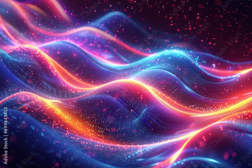 Poster colorful abstract waves of light and particles, creating a dynamic and vibrant background full of mo