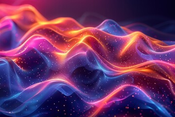 Fototapeta premium Vibrant waves of colorful light creating a mesmerizing abstract design with bright particles floating against a dark background.