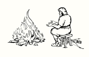 Vector drawing. Ancient man warming himself by the fire