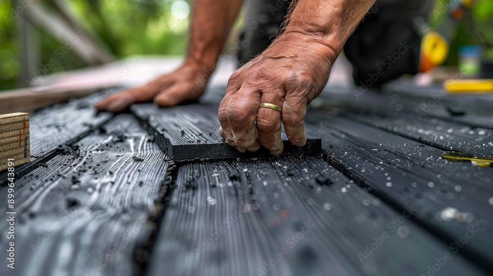 Wall mural Close-up of a skilled craftsman laying a black deck tile, showcasing intricate detail, focus, and craftsmanship in home improvement.