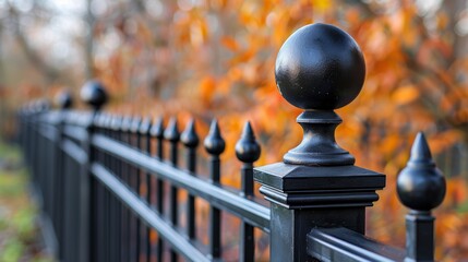 Close-up of a decorative black metal fence with a spherical top against a backdrop of autumn leaves.