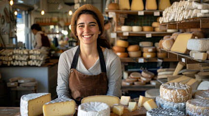 Woman seller at the counter with cheese