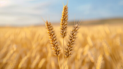 Fototapeta premium Close-up of golden wheat stalks in a sunlit field against a blue sky, capturing the essence of a bountiful harvest and tranquility in agriculture.