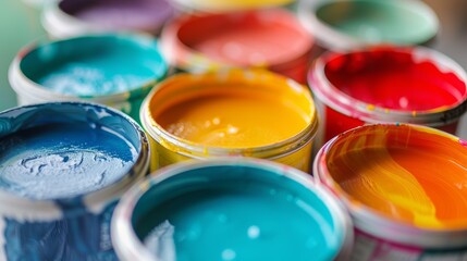 Vibrant paint cans arranged in a colorful display, showcasing rich hues and textures ideal for art and design projects.