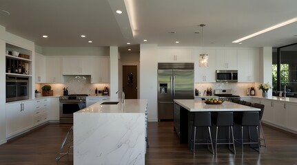Large, contemporary white kitchen featuring top-notch appliances and a sizable island. Kitchen including a desk, wine cooler, and black leather chair,Gorgeous kitchen detail in a brand-new mansion. 