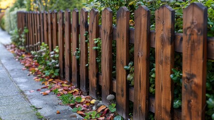 Wooden fence with autumn leaves lining the path. Perfect for garden and landscaping themes in serene outdoor settings.