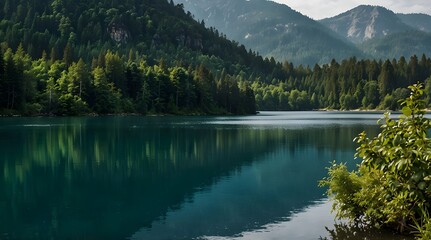 Naklejka premium beautiful lake surrounded by greenery and blue mountains