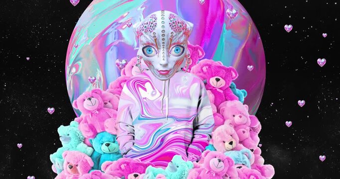 Creative surreal collage. Сute alien cosmic party. 4k loop animation. Ideal background for music.