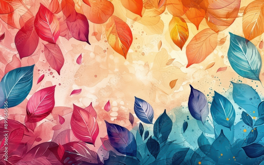 Poster a vibrant, colorful abstract background featuring an array of autumn leaves in shades of red, orange