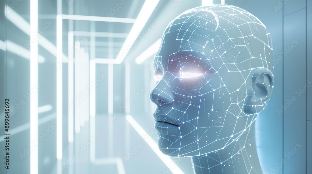 Poster a digital representation of a human head with a glowing network pattern is set against a futuristic 