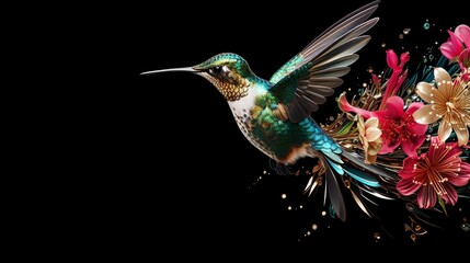 Obraz premium Hummingbird with Floral Burst isolated black. Generated Ai