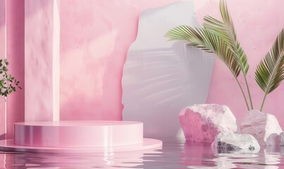 Abstract product presentation podium in pink with water reflection, rocks, and plants in various...