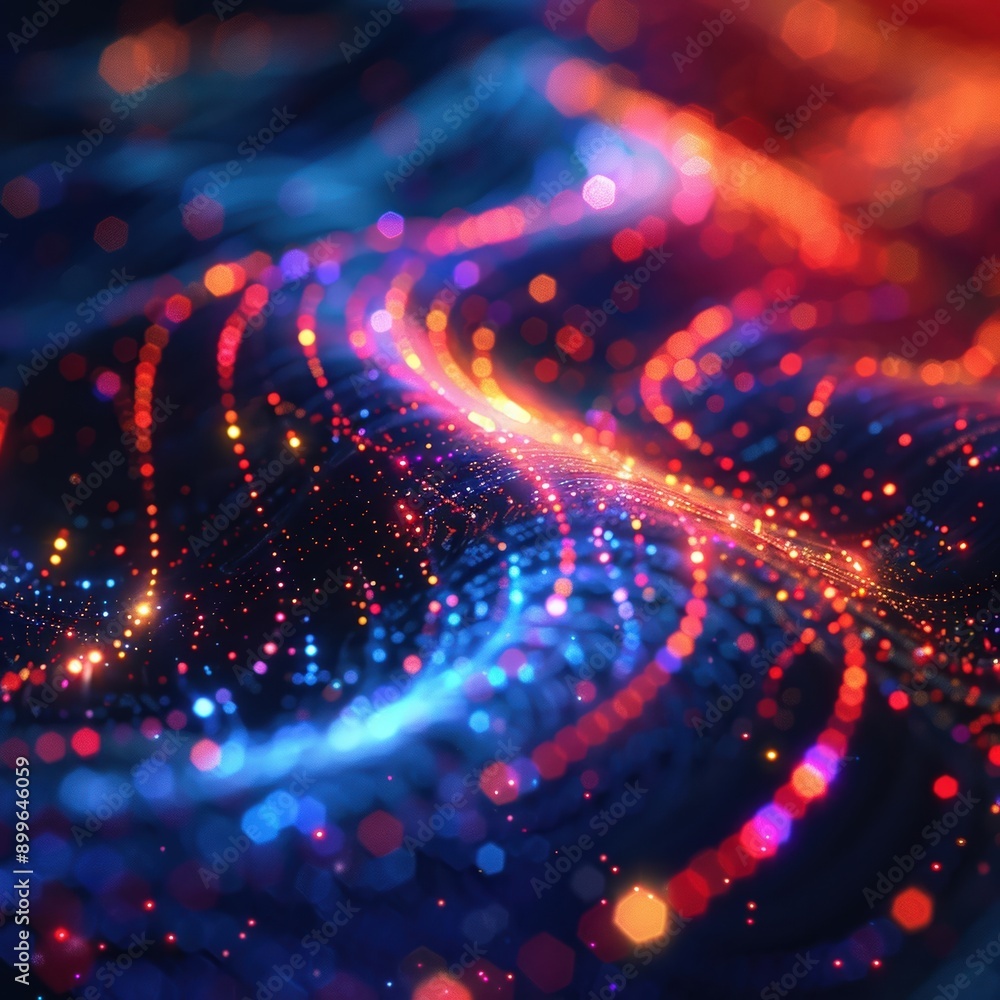 Poster vibrant abstract digital artwork featuring glowing blue and orange lights, creating a dynamic and me