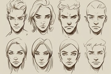 Simplified Human Faces Illustrating Diverse Expressions and Minimalistic Styles in a Structured Grid Layout. Generative AI