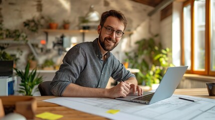 Fototapeta premium Smiling architect working on blueprints at office desk with laptop and sticky notes.