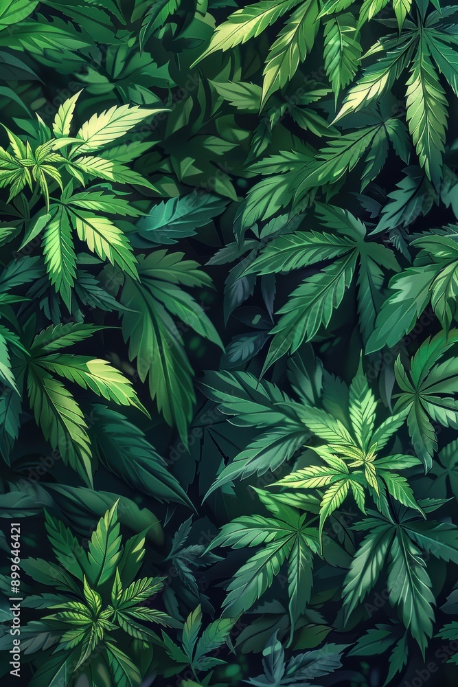 Poster lush greenery of overlapping vibrant leaves creating a dense foliage background in a natural setting
