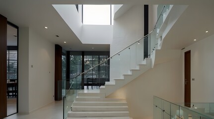 Obraz premium Inside a modern home, a white modern staircase