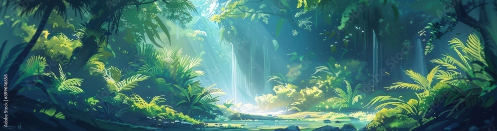 Poster lush green forest with sunlight filtering through, creating a serene and tranquil setting. soft ligh