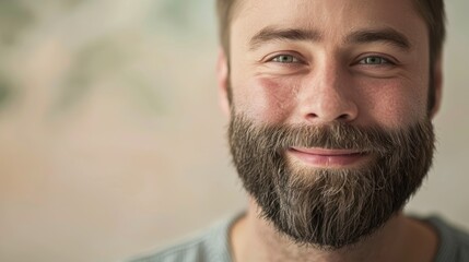 Obraz premium Smiling Bearded Man Close-Up - Close-up portrait of a smiling bearded man with bright eyes, capturing a moment of happiness and warmth in a well-lit setting.