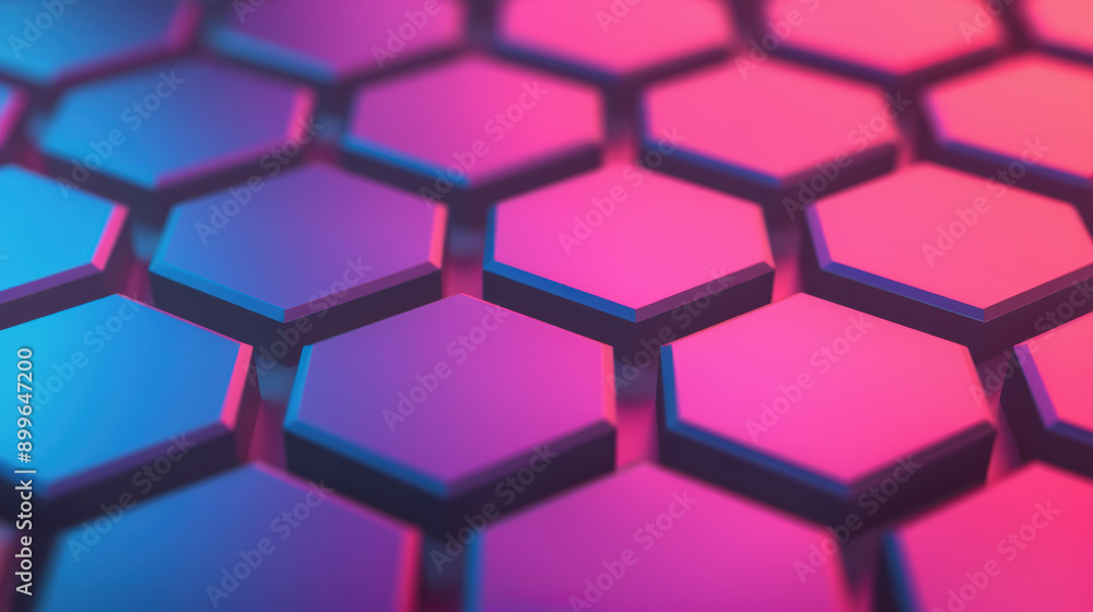 Poster abstract background with gradient neon hexagonal shapes in pink and blue colors, creating a futurist