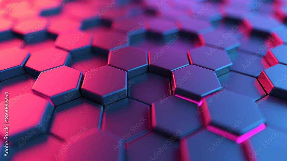 Poster abstract close-up of hexagonal shapes in pink and blue lighting, creating a futuristic and geometric