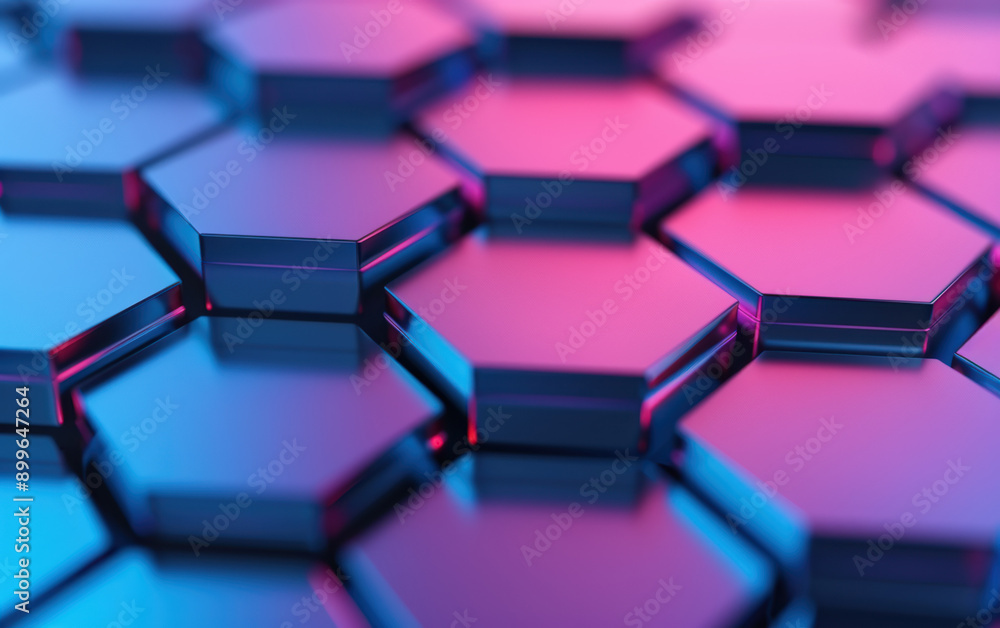 Poster abstract of hexagonal shapes with vibrant blue and pink gradients, creating a futuristic and modern 