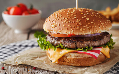 Close-up of a delicious cheeseburger with fresh lettuce, tomato, red onion, and a sesame seed bun on rustic wooden table.
