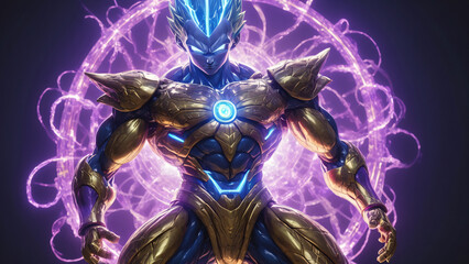 A Supreme AI Being, Golden purple with energy core. AI generative. 
