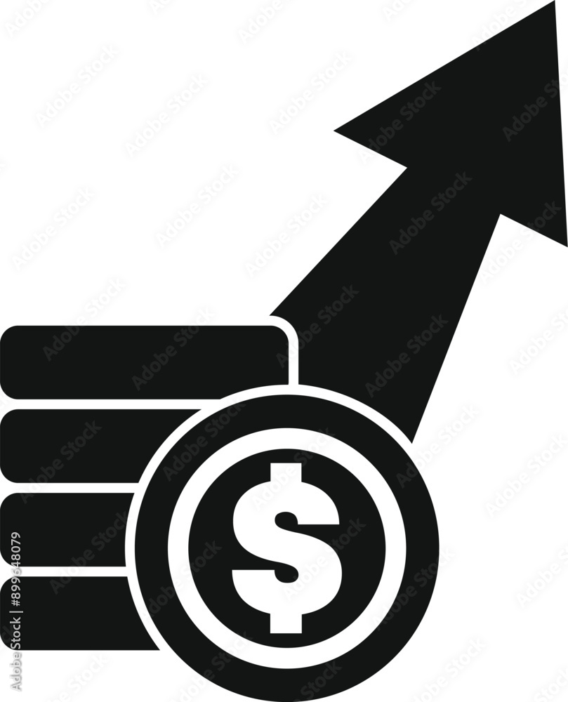 Poster simple icon of a stack of coins with a growing arrow and dollar sign, representing increasing profit