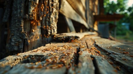 Naklejka premium Termites have eaten the wood of the wooden house in the background, making it vulnerable to termites, 8k resolution
