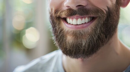 Obraz premium Smiling Bearded Man Close-Up - Close-up portrait of a smiling bearded man with bright eyes, capturing a moment of happiness and warmth in a well-lit setting.