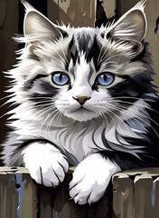 Cat with blue eyes sitting on a wooden fence