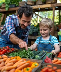 Father and son picking fresh vegetables and greens at the market