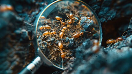 A magnifying glass is used to enlarge the picture of the nest: Small termites are working there