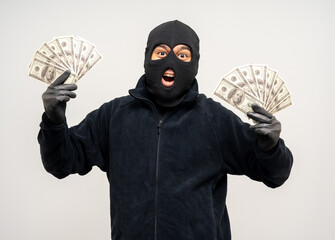 Thief in uniform black jacket various pose on isolated background. The Robber terrorism criminal...