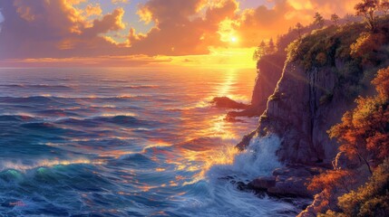 Fototapeta premium Dramatic Sunset Lighting Up Coastal Cliffs and Waves