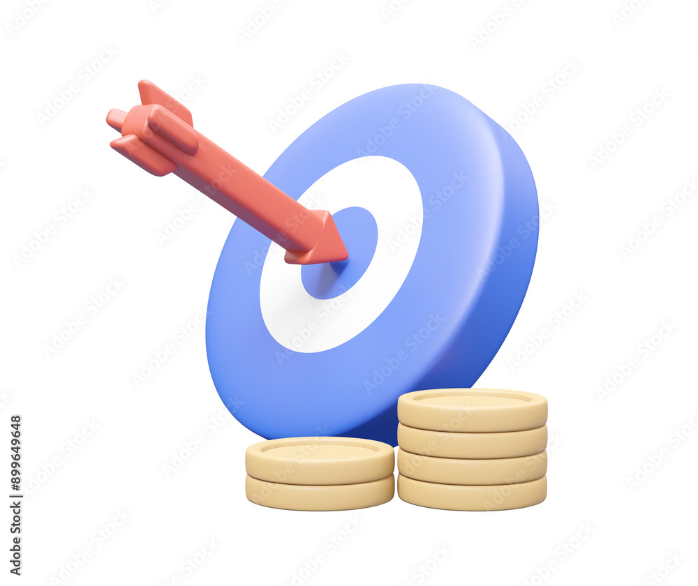 Aufkleber 3d rendering with target icon with dart hitting target. along with a series of dollar coins that gra