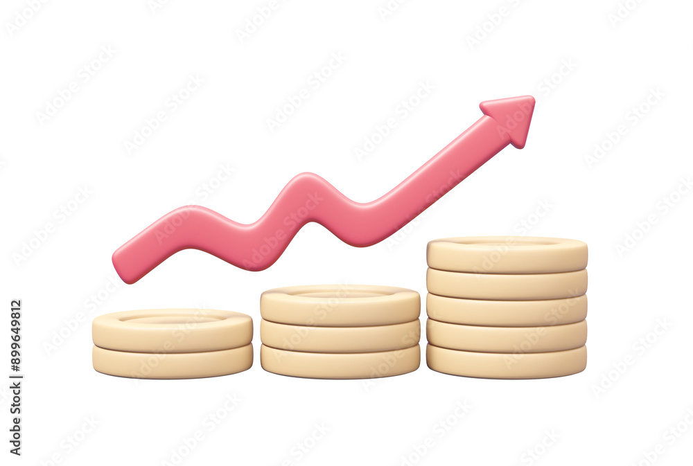 Poster 3d illustration of a pile of coins icon and an uptrend chart with arrows isolated on transparent bac