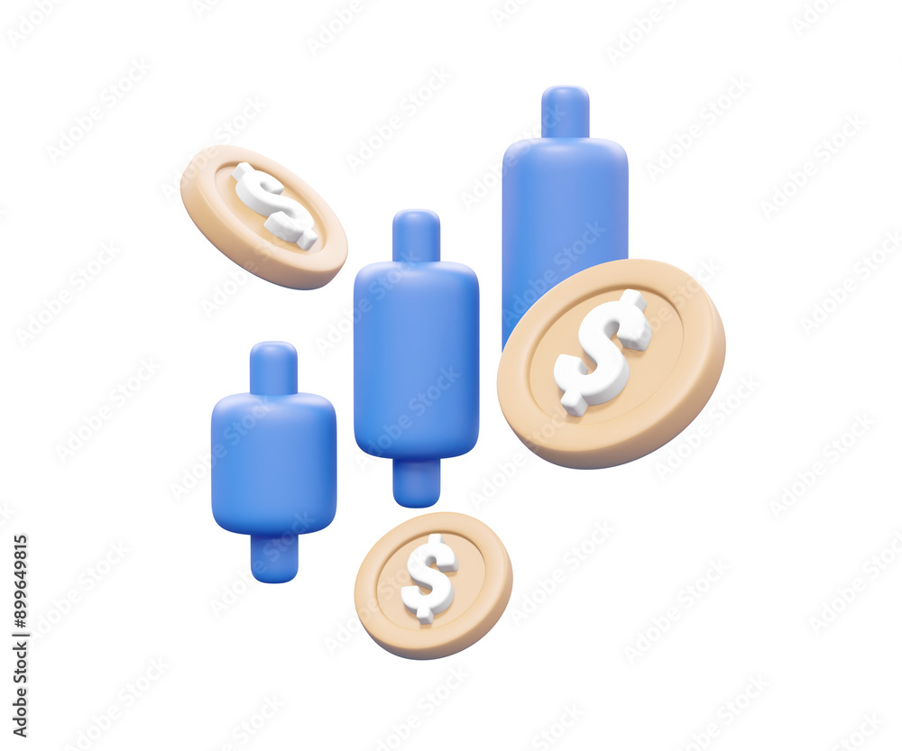 Poster 3d render illustrating a candlestick chart with bars that are trending upwards, accompanied by dolla