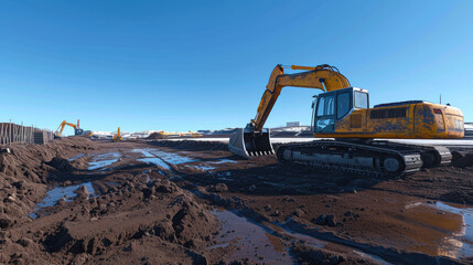 Obraz premium Cutting-Edge Crane Operating on Construction Site with Blue Horizon