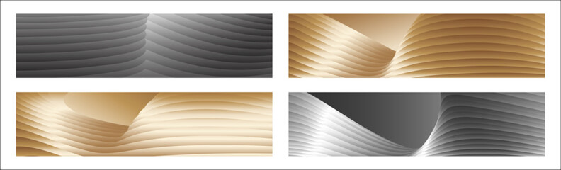 Wavy silver and gold parallel gradient lines, ribbons, silk. Set of 4 backgrounds. Black and white with shades of gray or golden silk. Banner, poster. eps vector